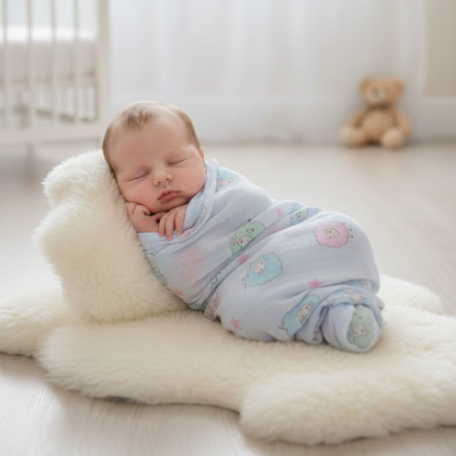 Baby Swaddle Blanket- Sheep (baby blue)